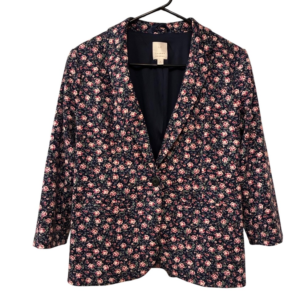 LC Lauren Conrad Blue Floral Blazer Women Size S Pink Rose 3/4 Sleeve Career